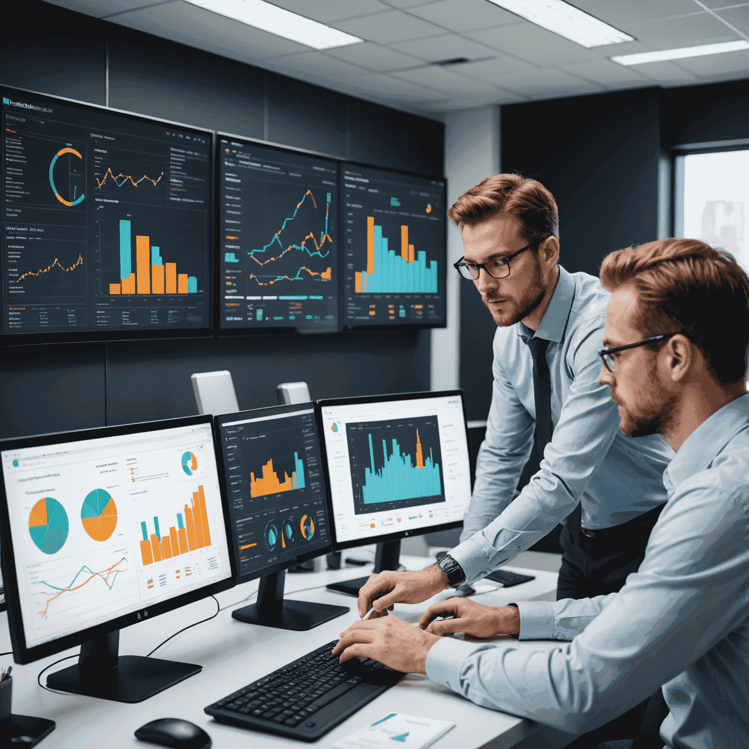 Une équipe de professionnels de l'informatique travaillant sur des écrans affichant des analyses de réseau avancées, avec des graphiques colorés et des visualisations de données IP