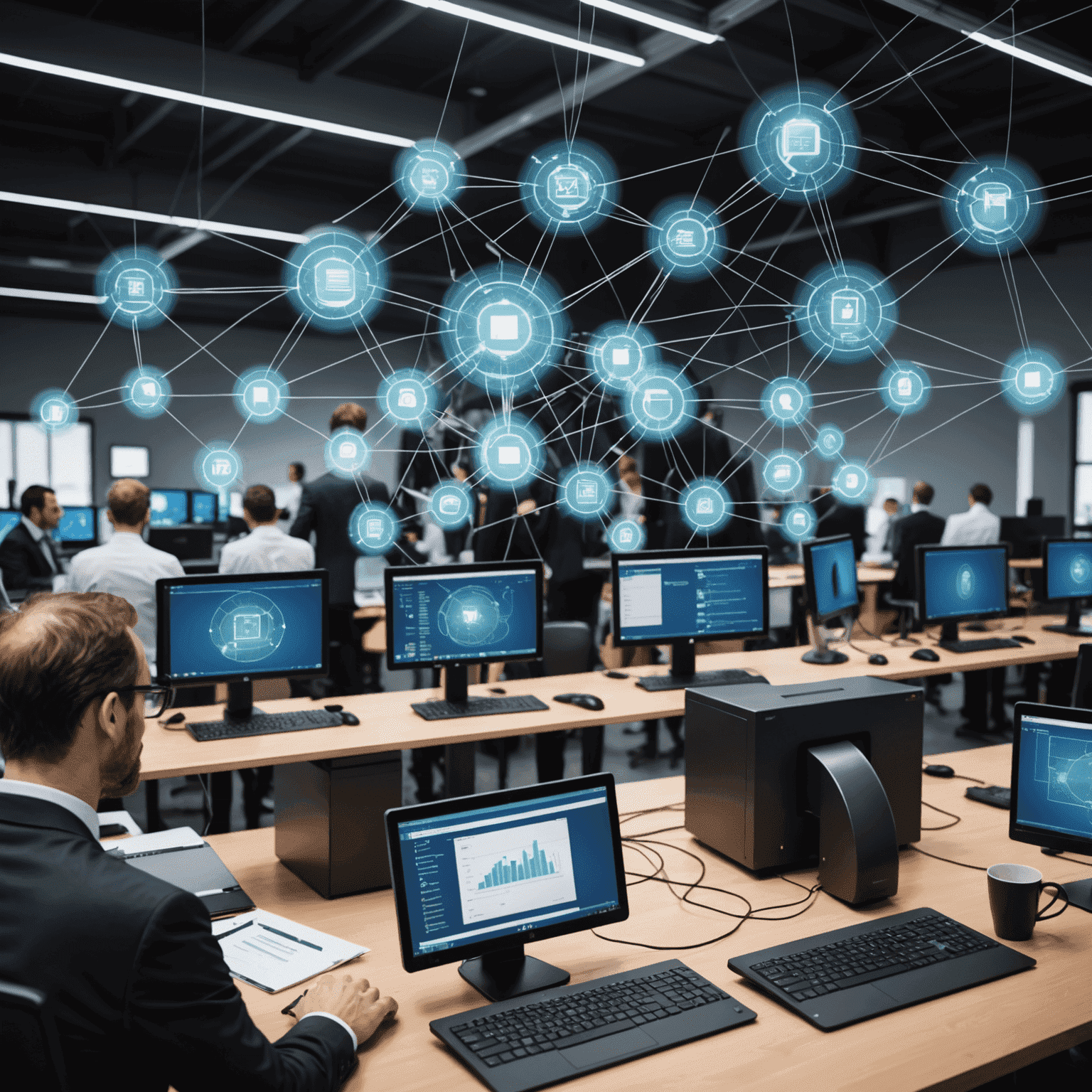 Image représentant un réseau d'entreprise français avec des ordinateurs connectés et l'interface d'Advanced IP Scanner en surimpression