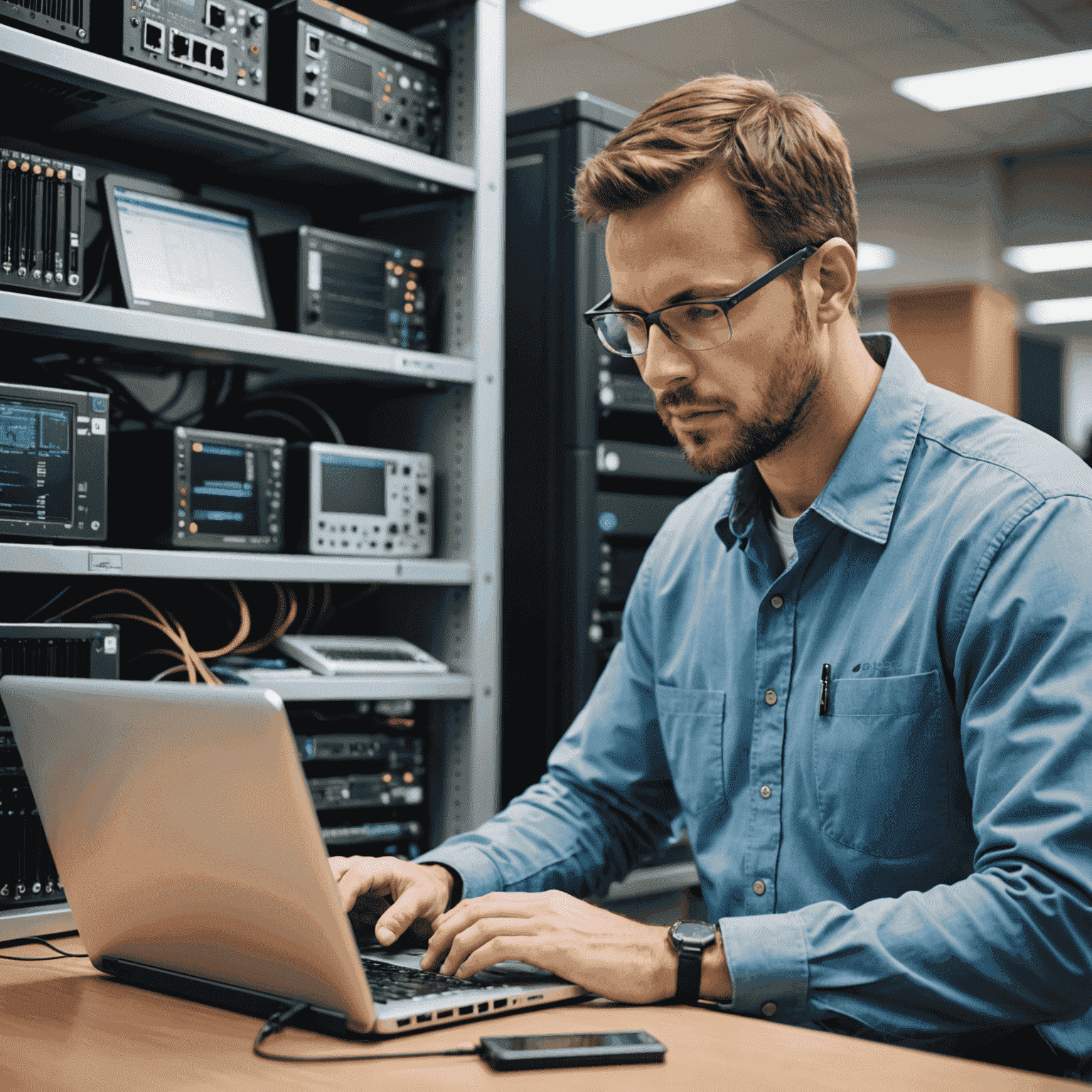 Technicien utilisant Advanced IP Scanner sur un ordinateur portable pour diagnostiquer des problèmes réseau
