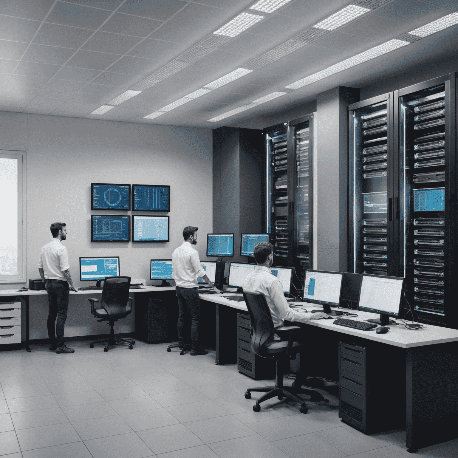 Salle de serveurs d'une entreprise française avec des employés utilisant Advanced IP Scanner sur des écrans